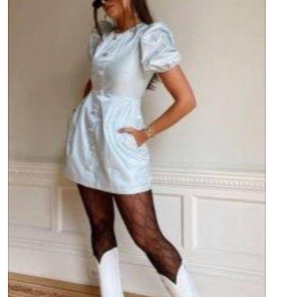 DANIELLE BERNSTEIN Size 6 Delicate Blue Rhinestone Puff Sleeve Satin Mini Dress - Picture 2 of 16